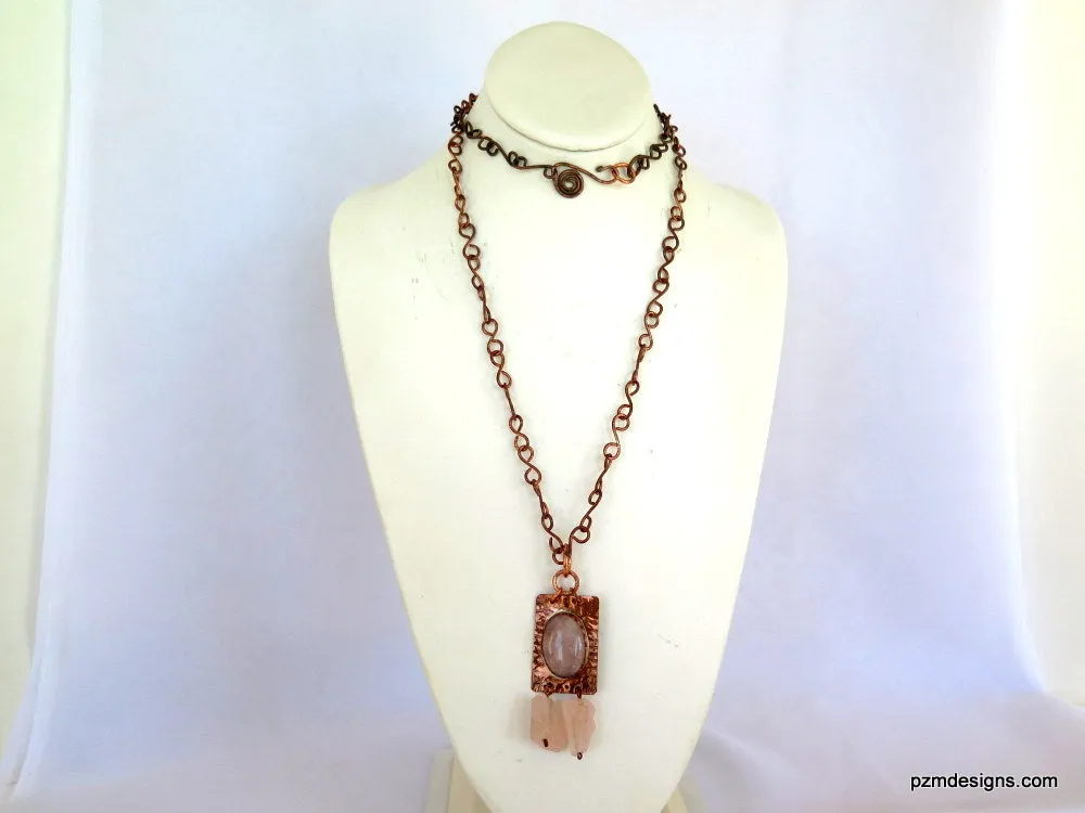 Rose Quartz Necklace set in Copper, Artisan made tribal necklace, Modern Tribal Jewelry