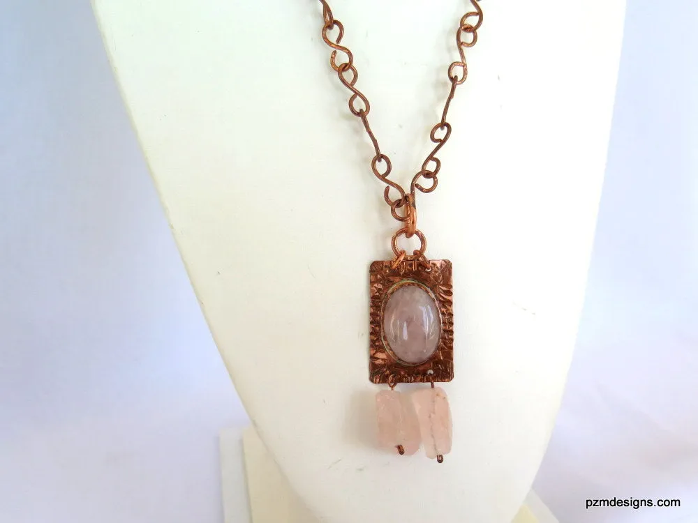 Rose Quartz Necklace set in Copper, Artisan made tribal necklace, Modern Tribal Jewelry