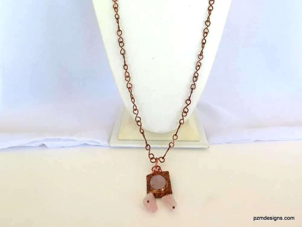 Rose Quartz Necklace set in Copper, Artisan made tribal necklace, Modern Tribal Jewelry