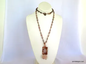 Rose Quartz Necklace set in Copper, Artisan made tribal necklace, Modern Tribal Jewelry