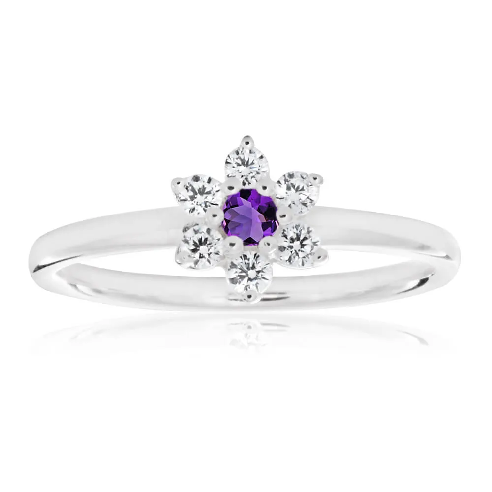 Sterling Silver Amethyst   Cubic ZirconiaFlower Ring