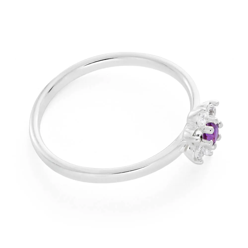 Sterling Silver Amethyst   Cubic ZirconiaFlower Ring