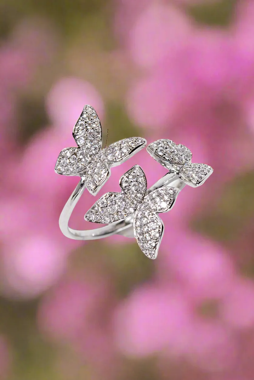 Sterling Silver CZ 3 Butterflies Ring