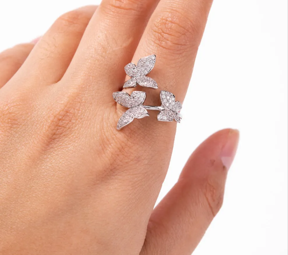 Sterling Silver CZ 3 Butterflies Ring