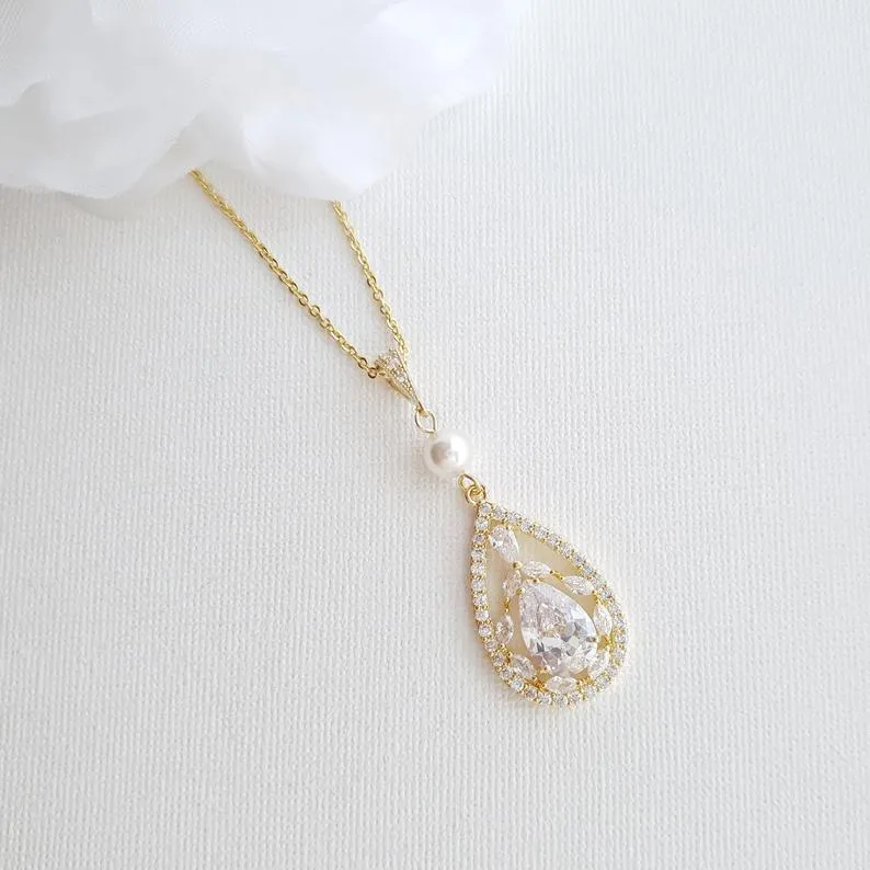 Teardrop Cubic Zirconia Pendant Necklace in 14K Gold for Weddings-Esther