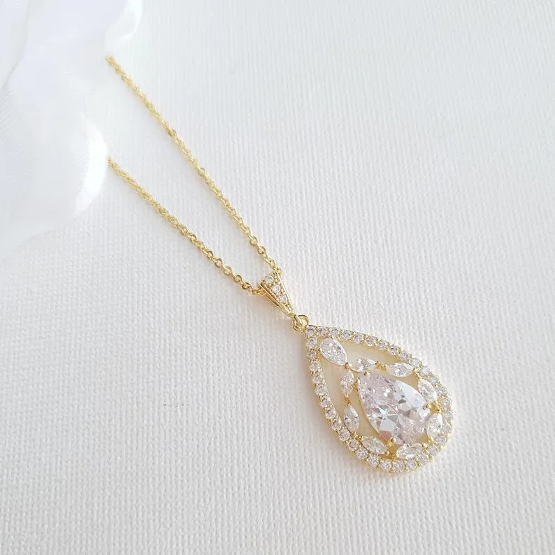 Teardrop Cubic Zirconia Pendant Necklace in 14K Gold for Weddings-Esther