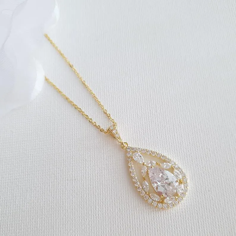 Teardrop Cubic Zirconia Pendant Necklace in 14K Gold for Weddings-Esther