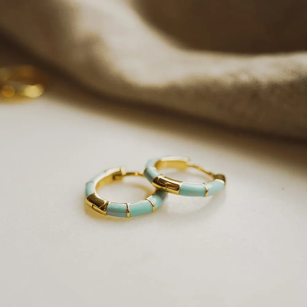 Turquoise Stripe Huggie Hoop Earrings 18ct Gold Plate