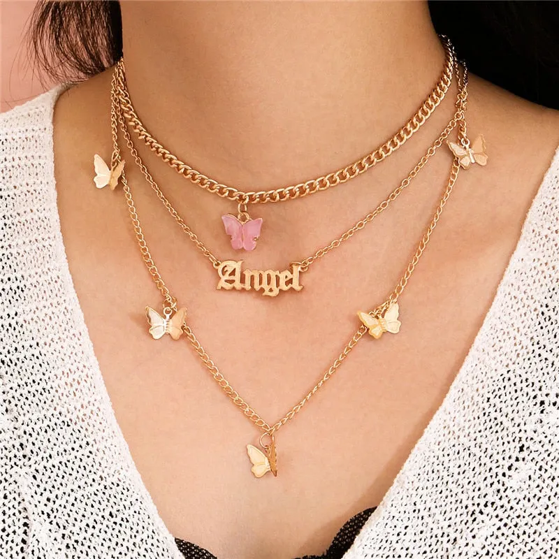 VenusFox Bohemian Cute Butterfly Choker Necklace for Women Street Style Statement Necklace Gold Color Letter Necklace Jewelry