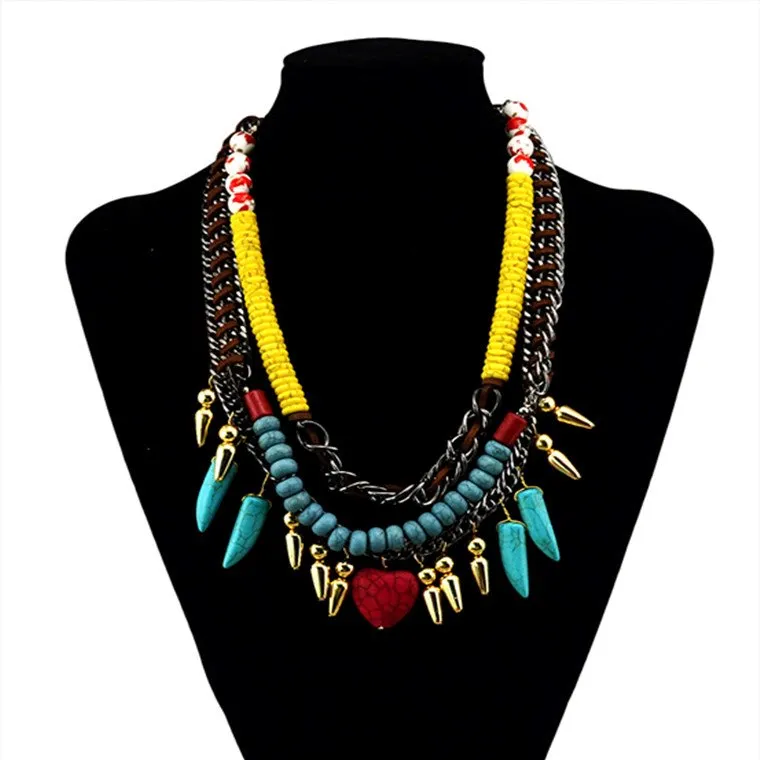 Wholesale Alloy Bohemian Heart-shaped Tassel Turquoise Necklace JDC-NE-Yunl029